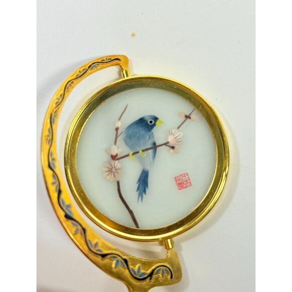 Silk Art Embroidered Bird Globe within Enamed Cloisonne Burgandy Red Brass Swive - Picture 3 of 16